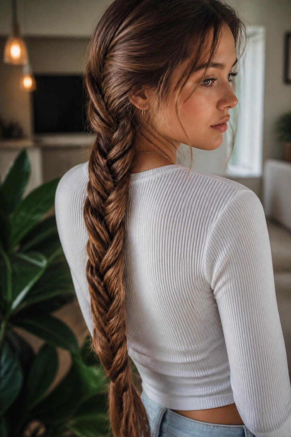 Close-up portrait of a real woman with a DNA-inspired double-helix braid