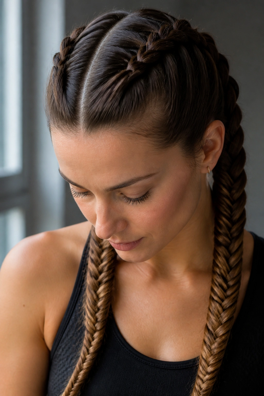 Portrait of a woman with two tight boxer fishtail braids