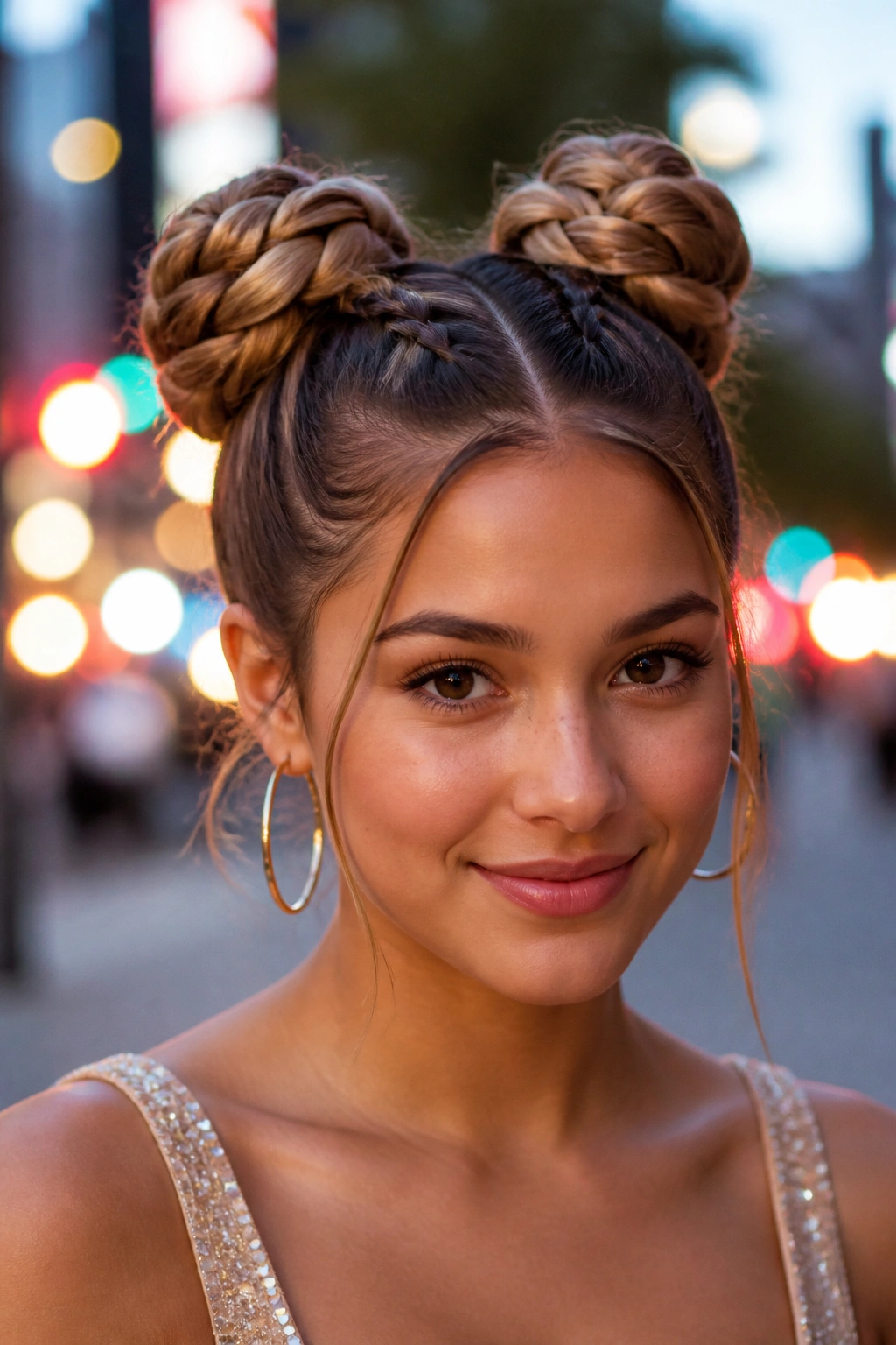 Close-up of a real woman with double Dutch braided buns on a city street at dusk