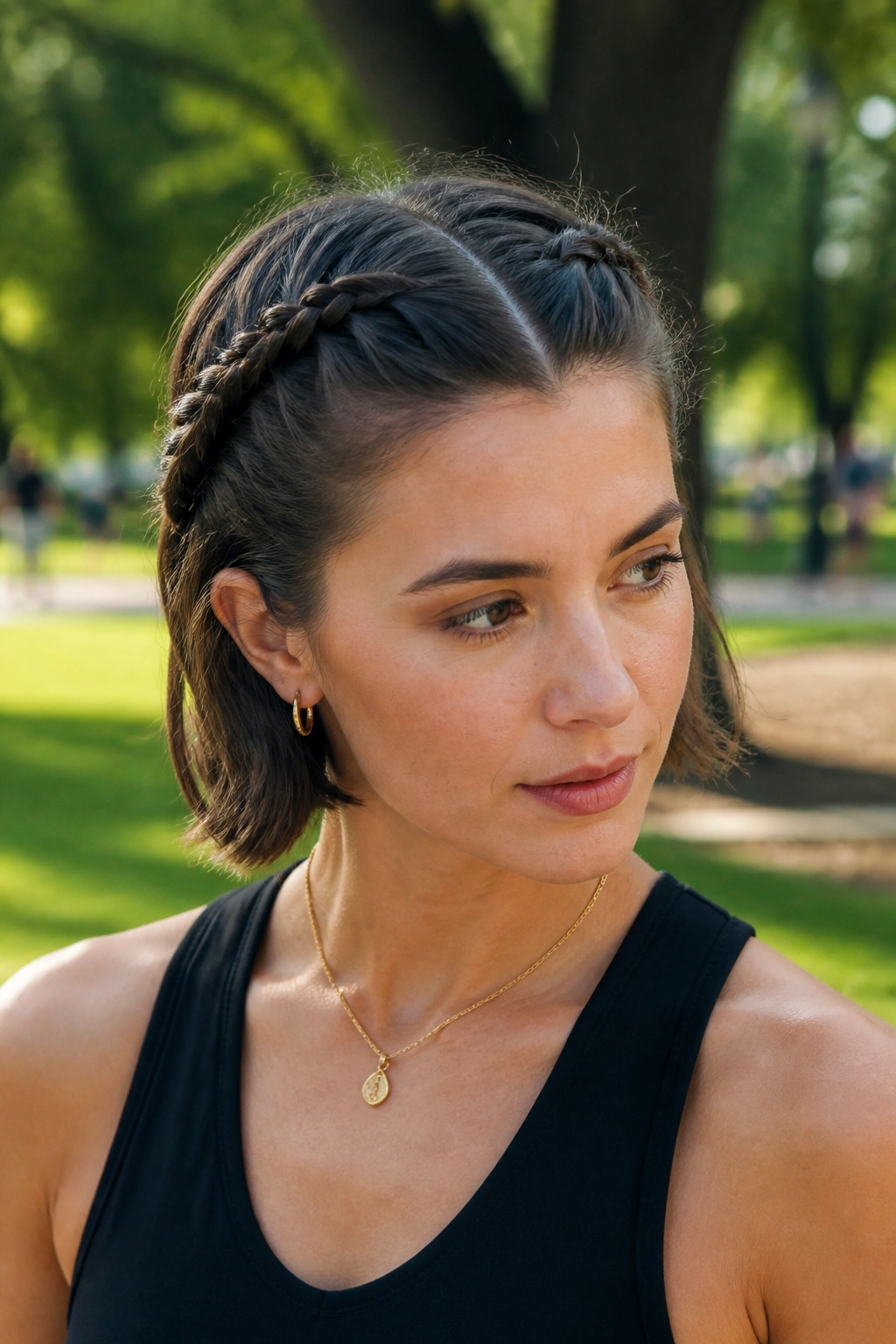 Medium close-up showing chin-length hair with two rope twists on each side