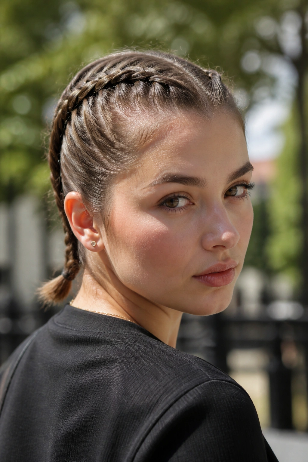 Close-up portrait of a real person with two French braids down to the nape