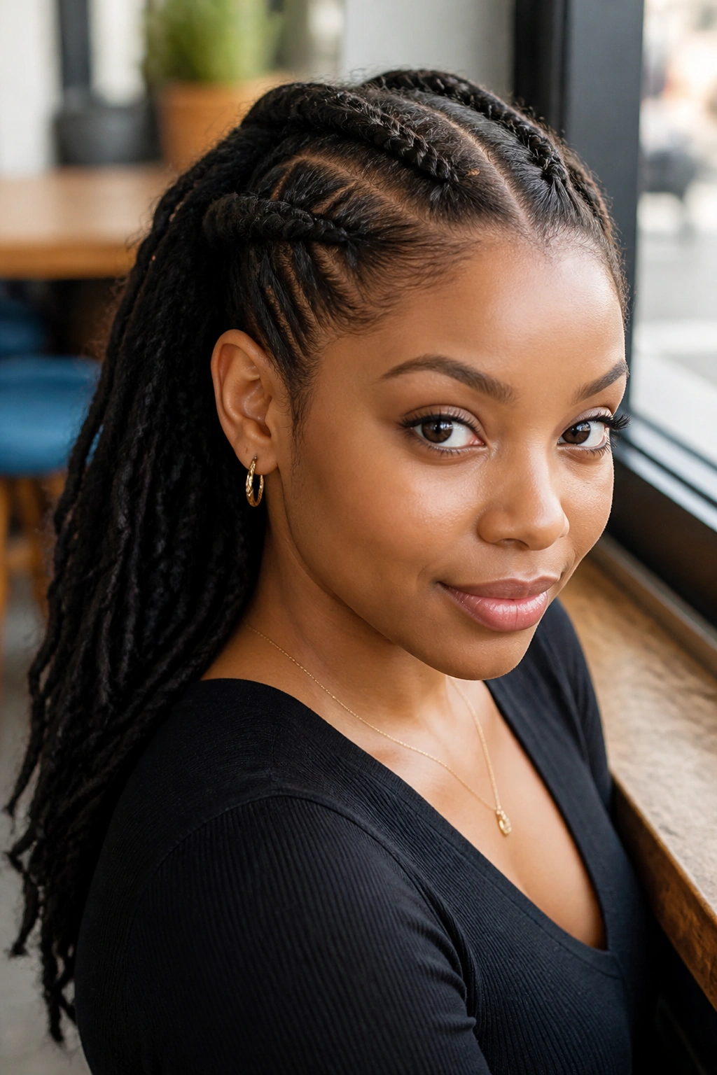 Front-facing close-up of double French braids on a real person