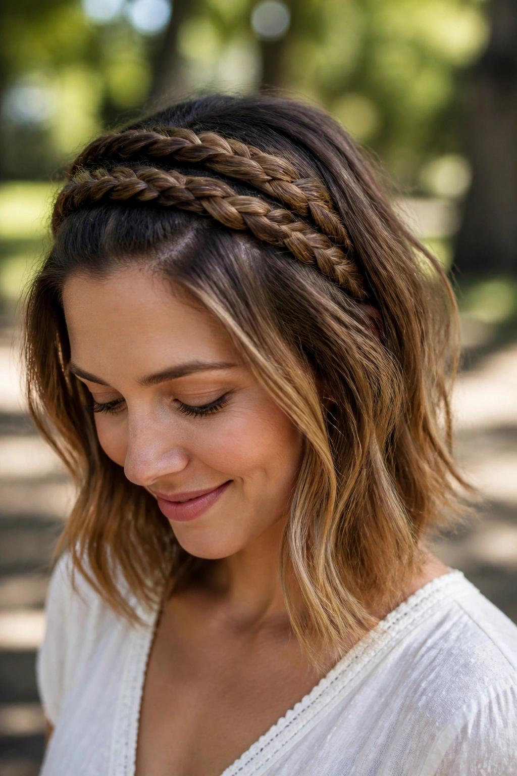 Close-up of a real woman wearing a double lace braided headband across the crown.