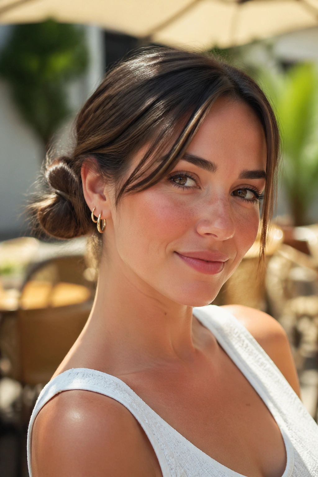 Close-up of real woman with two small buns behind the ears.