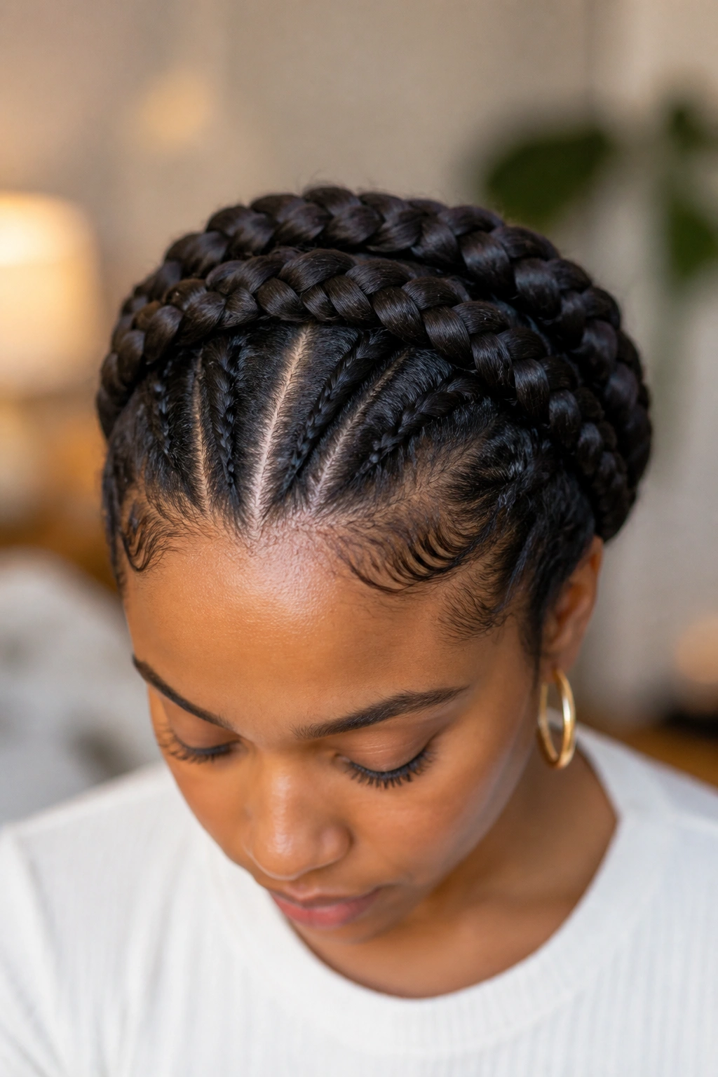 Close-up of a real person with two concentric halo braids around the crown