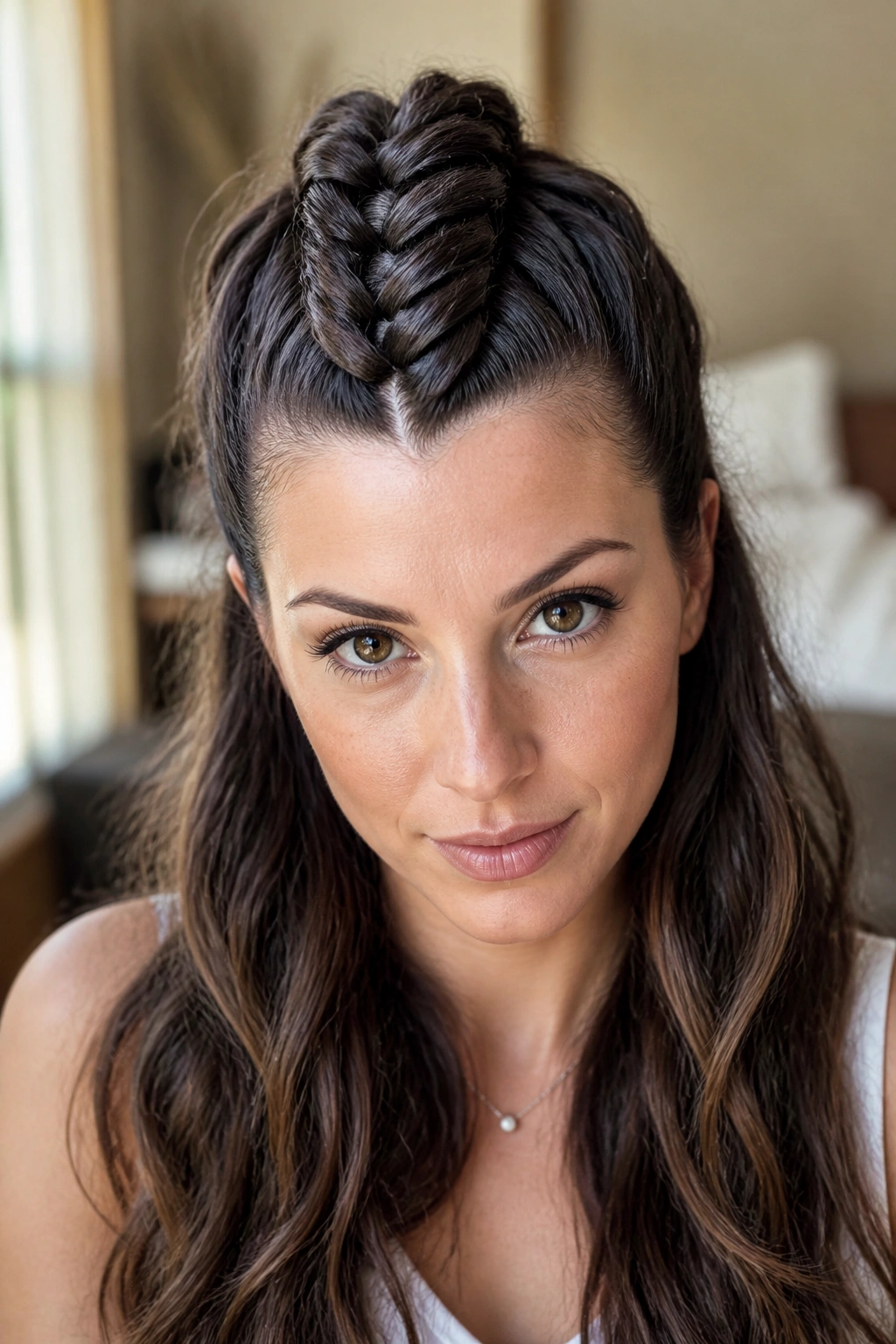 Close-up frontal portrait of a real woman with a dragon braid featuring scale-like points