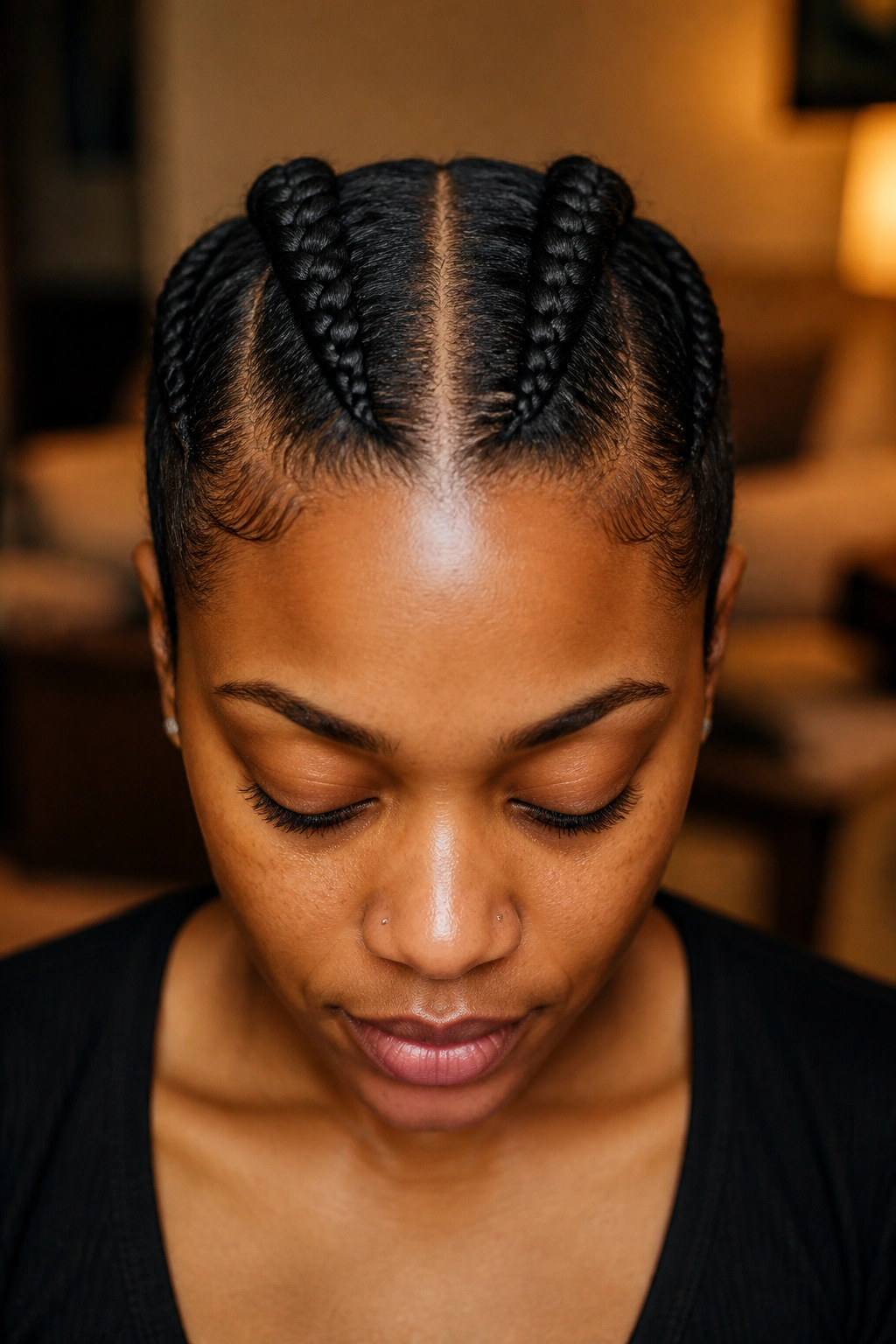 Close-up of a real Black woman with symmetrical dual cornrows
