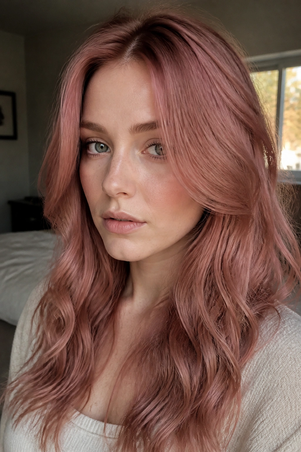 Close-up portrait of a woman with dusty rose hair and pale skin, warm bedroom light