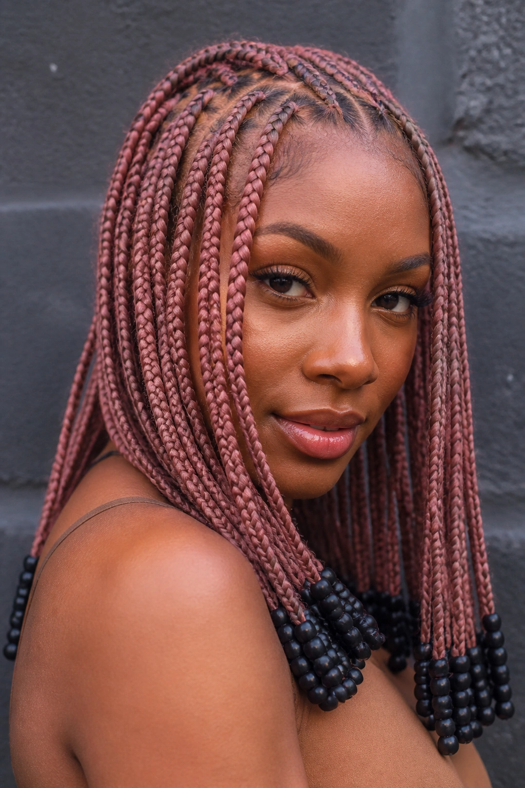 Portrait of a woman with dusty rose knotless braids and matte black beads