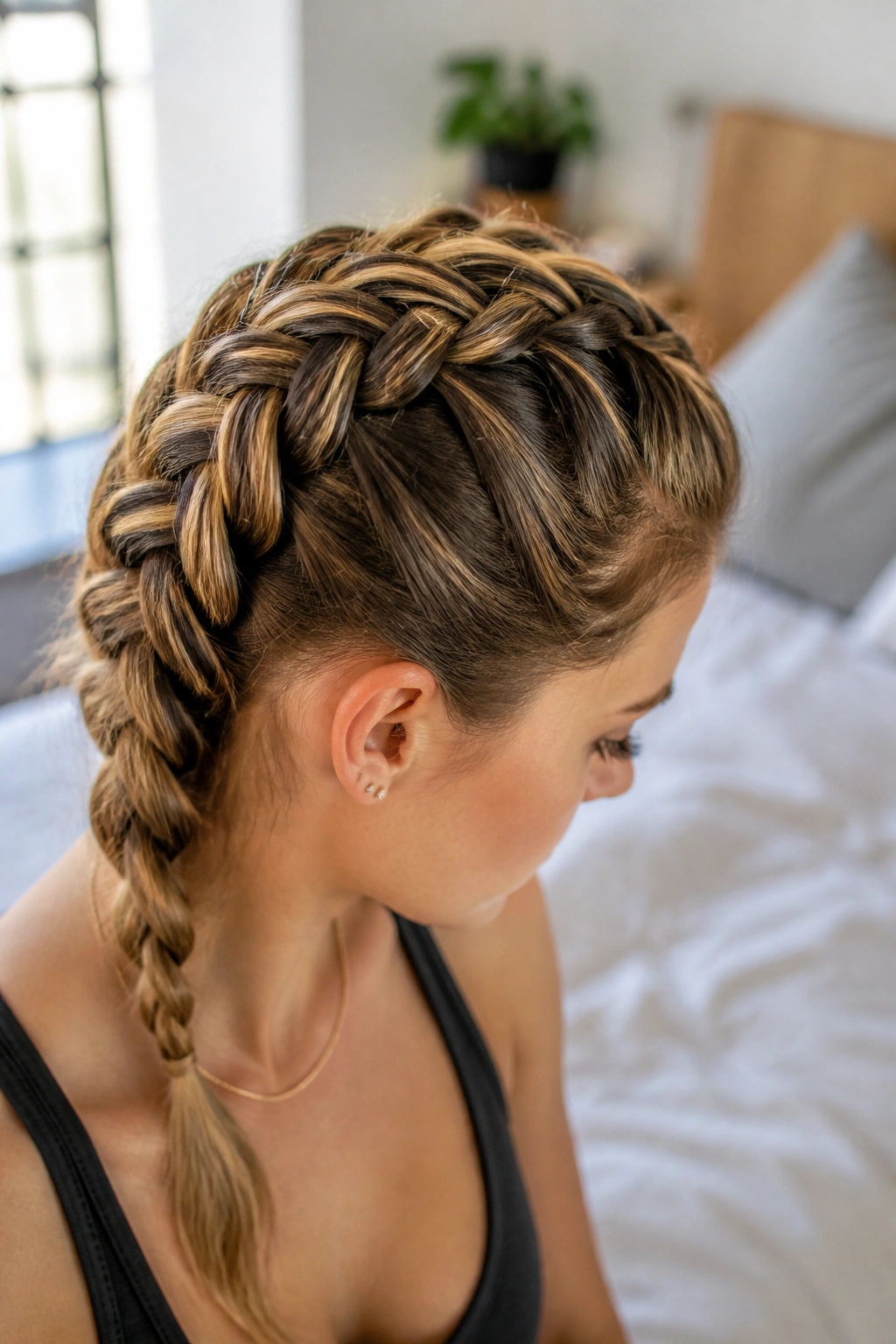 Close-up of a real woman wearing a Dutch braid on top of her hair