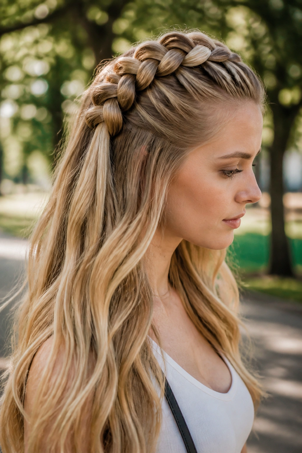 Close-up of a real woman with a Dutch braid on top of the head forming a crown-like ridge