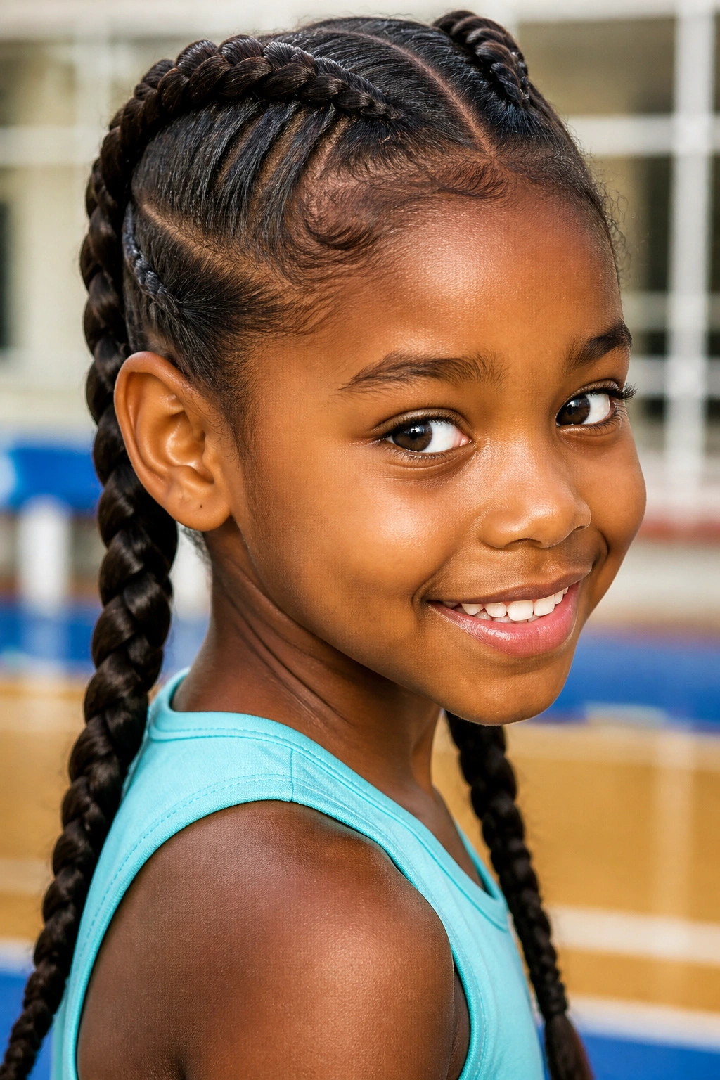Child with two Dutch braids for active kids in bright setting