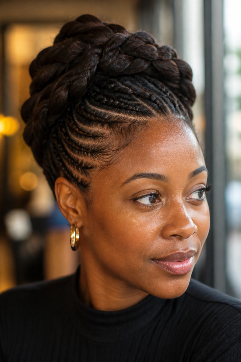 Close-up of a real Black woman with side-swept Dutch braids