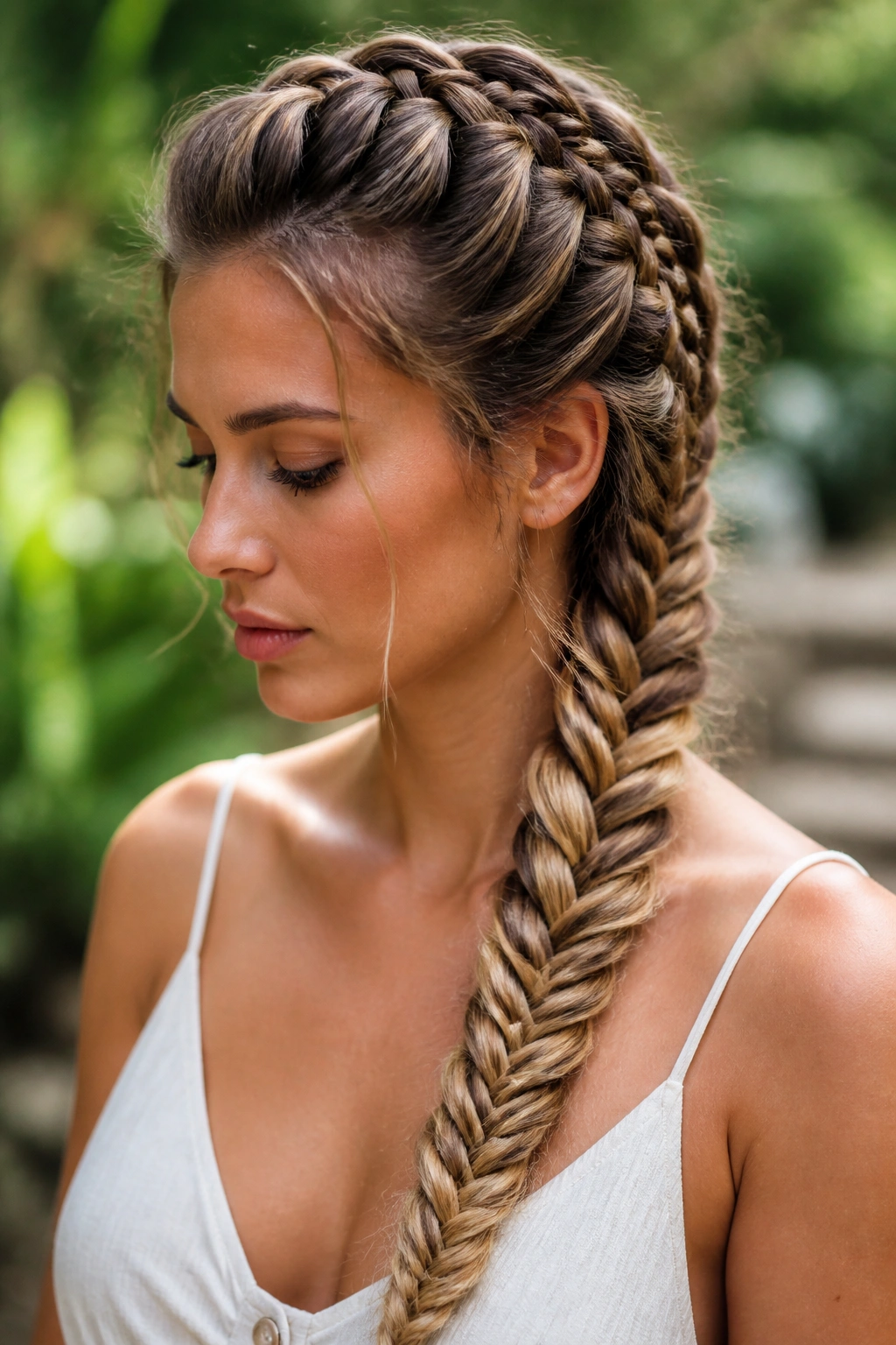 Close-up of a real woman with a Dutch fishtail hybrid braid