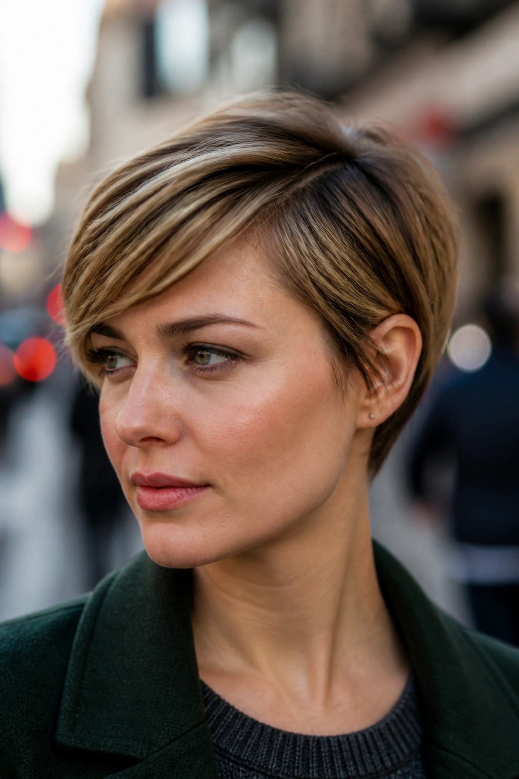 Portrait of a person with ear-grazing crop and deep side part in natural light.
