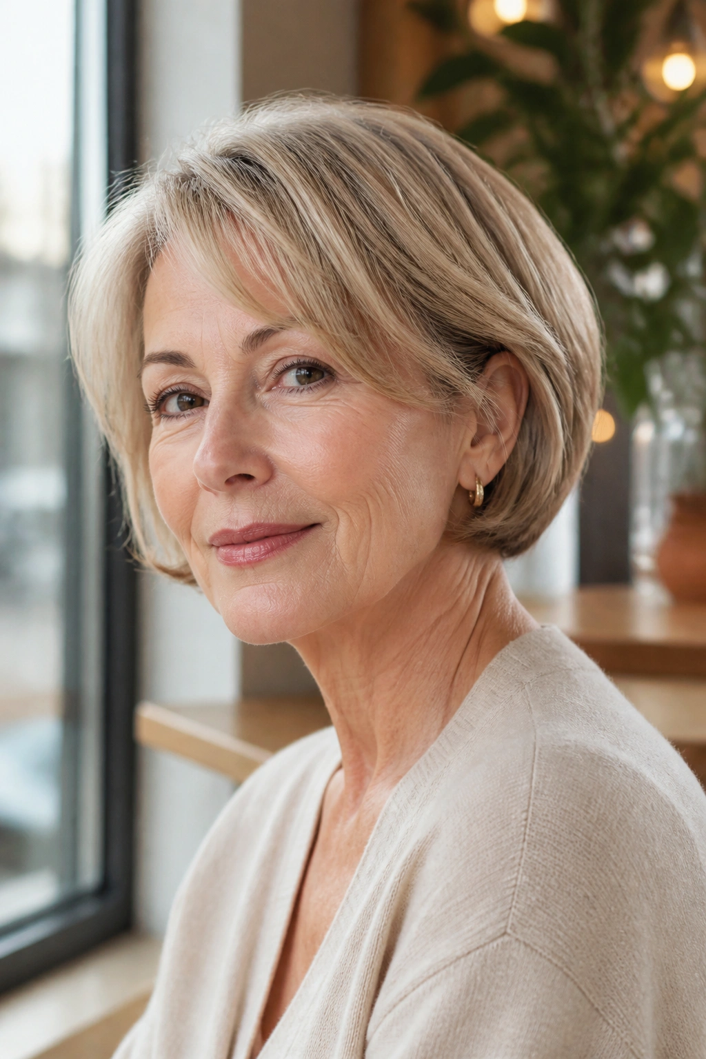 Real woman with ear-grazing layered bob in bright cafe window light
