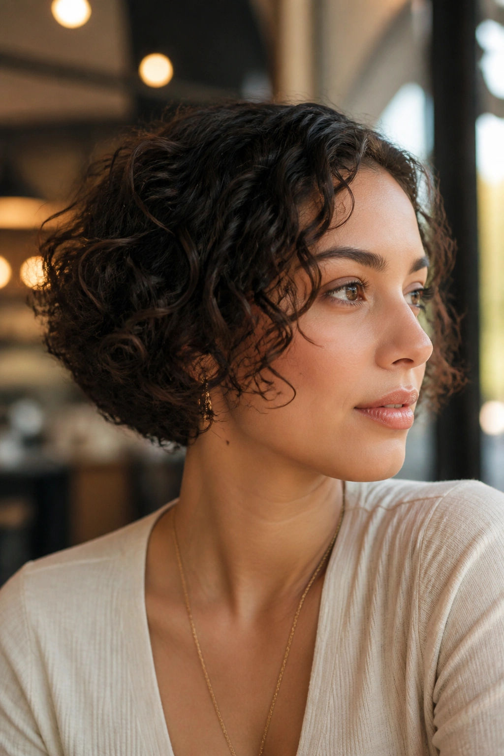 Close-up portrait of a real woman with an ear-length French bob and curly ends.