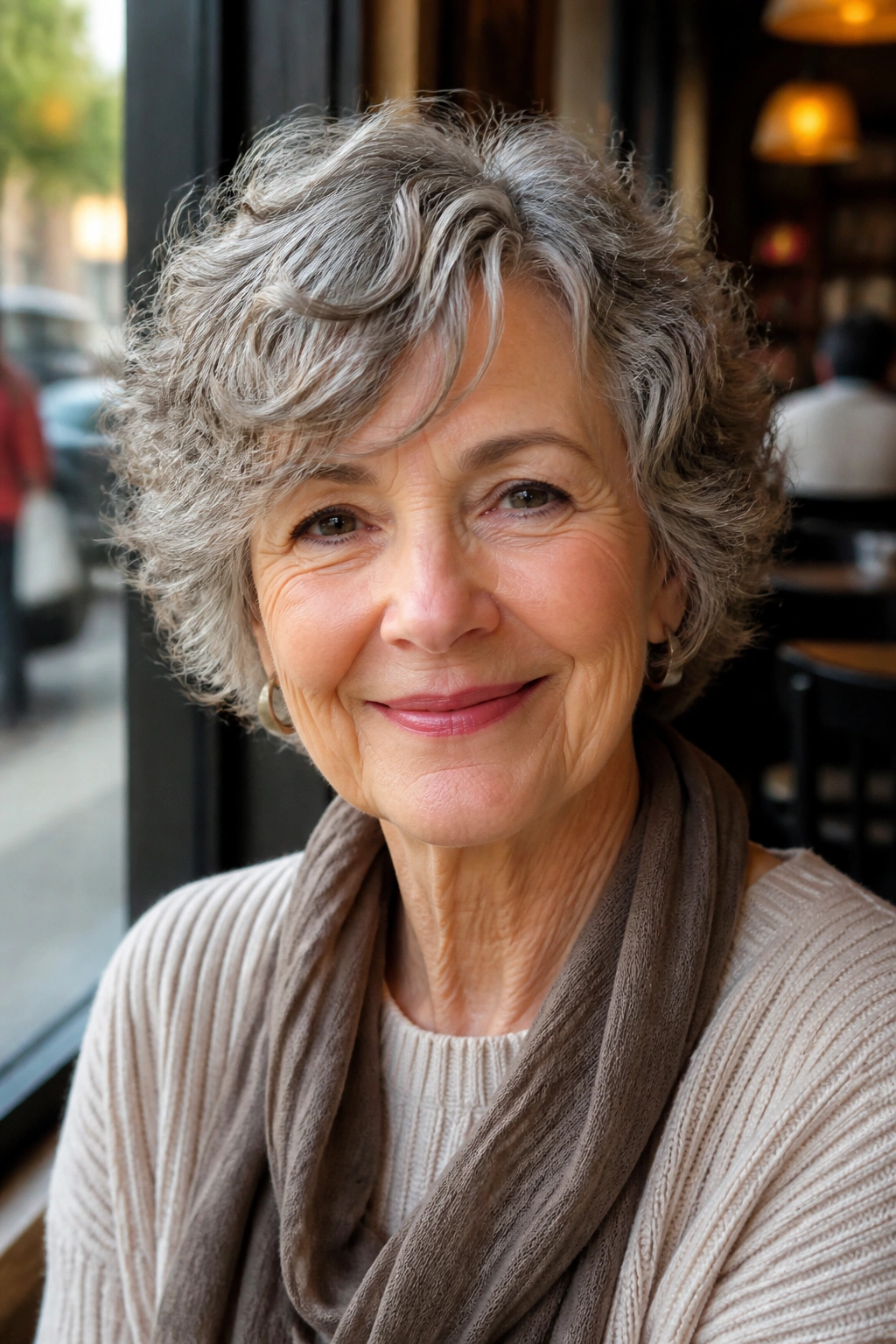 Senior woman with ear-length curly crop and side-swept bangs in natural light
