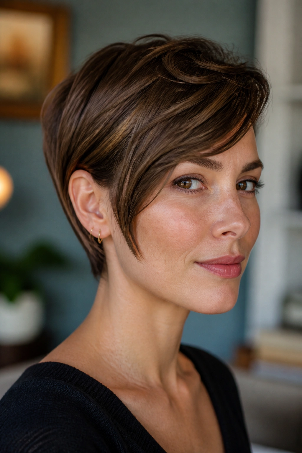 Close-up portrait of a real woman with an ear-tuck pixie hairstyle