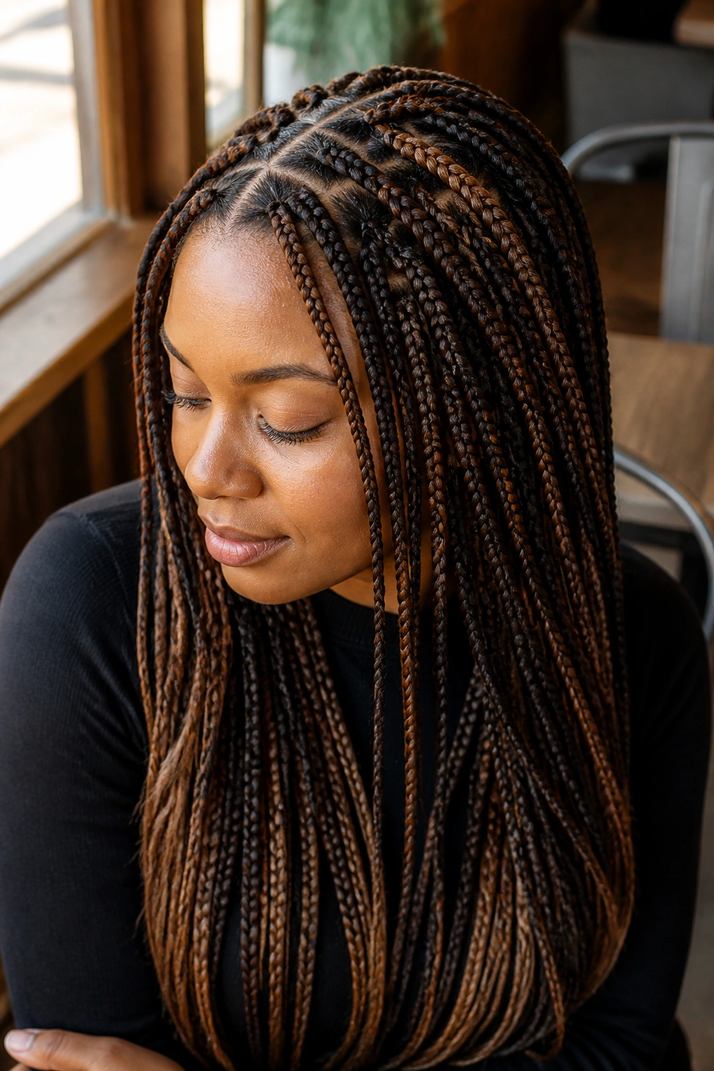 Close-up of mixed multi-tonal earthy brown triangle-part knotless braids.
