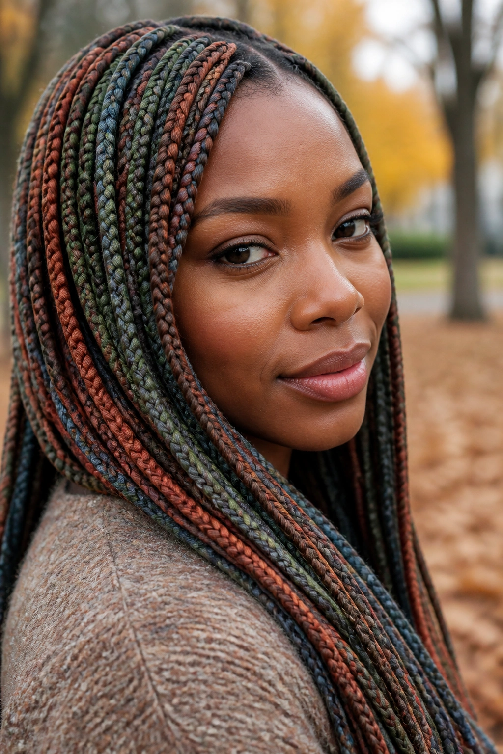 Close-up of a real woman with muted earthy rainbow braids in terracotta and sage tones.
