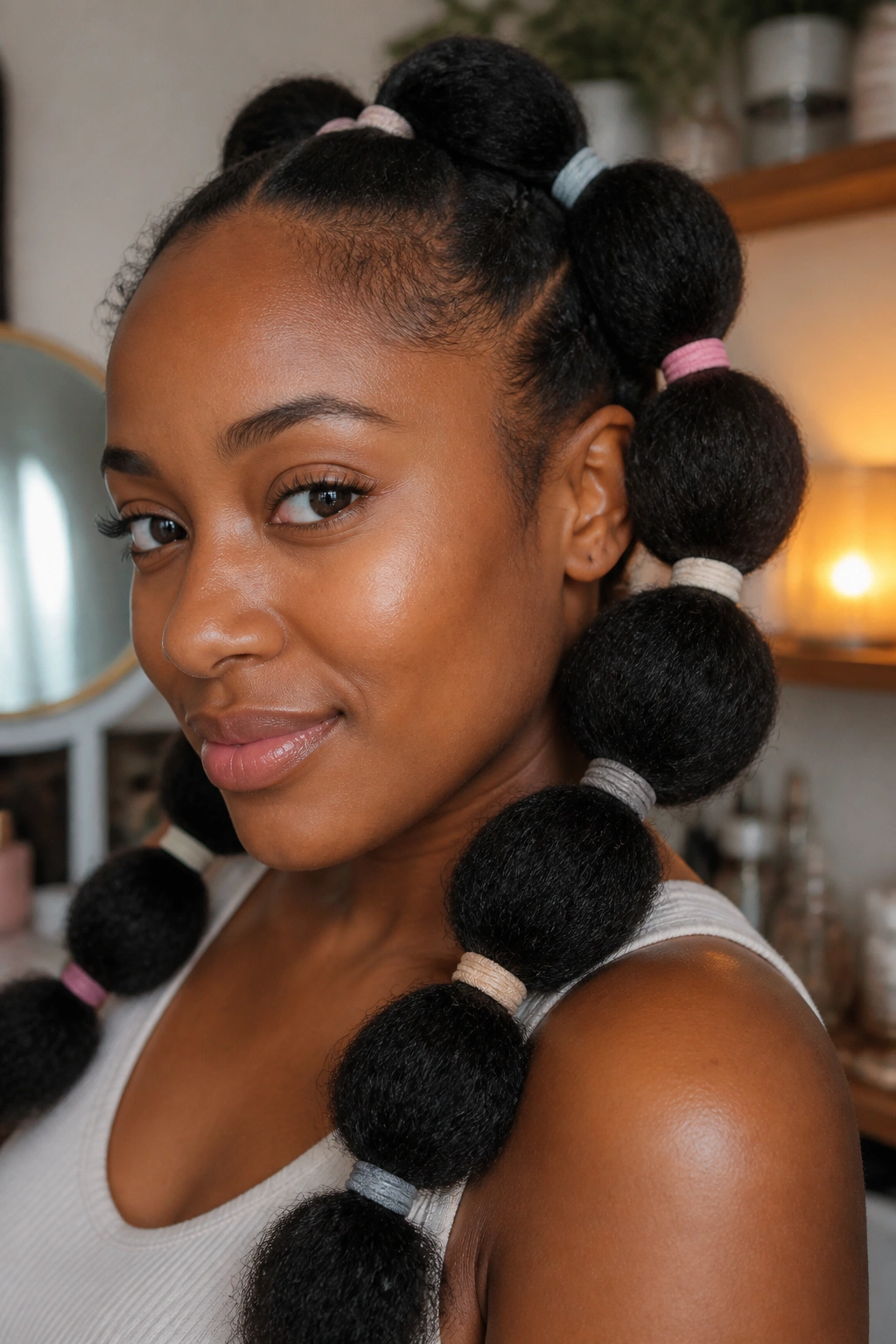 Real person wearing smooth silicone elastics in coily hair