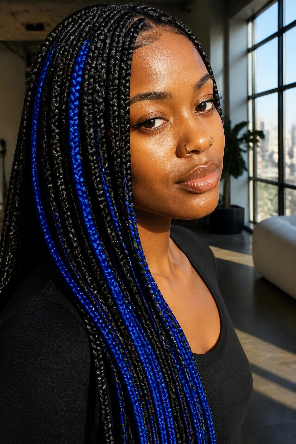 Close-up of real person with electric blue peekaboo in knotless braids