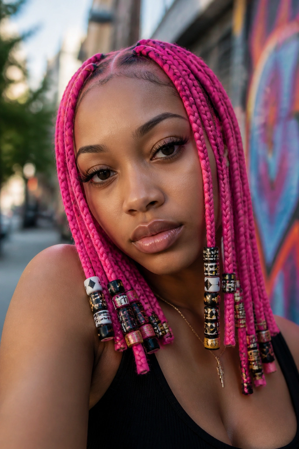 Woman with electric pink knotless braids and geometric patterned beads