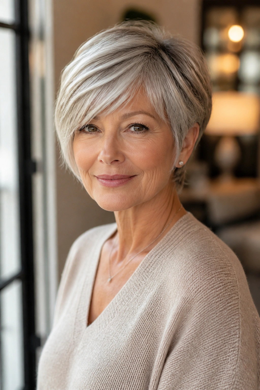 Portrait of a real woman with an elegant pixie-bob and long fringe in a warm-lit chic interior.
