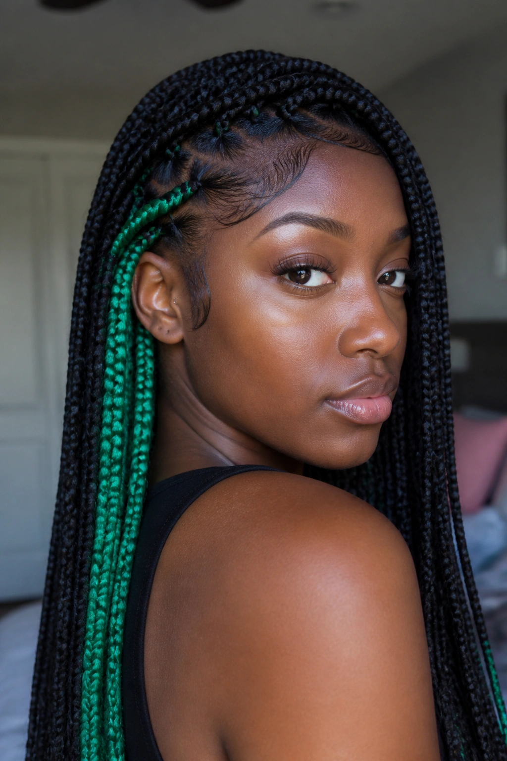 Close-up portrait of a real woman showing emerald green underglow peeking from box braids