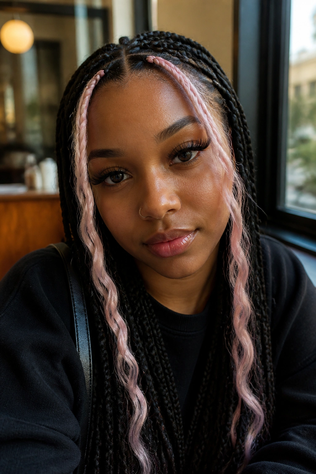 Close-up portrait of a real person with espresso hair and pale pink face-framing tendrils
