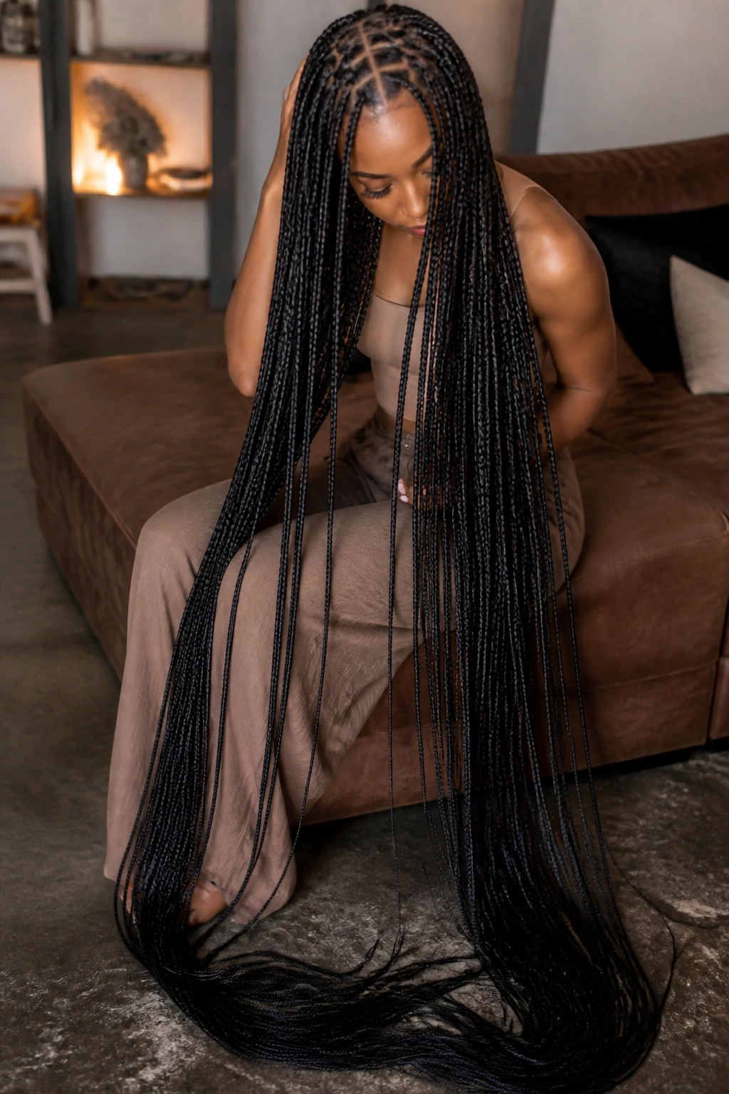 Close-up of ultra-long knotless braids cascading toward the floor on a real person.