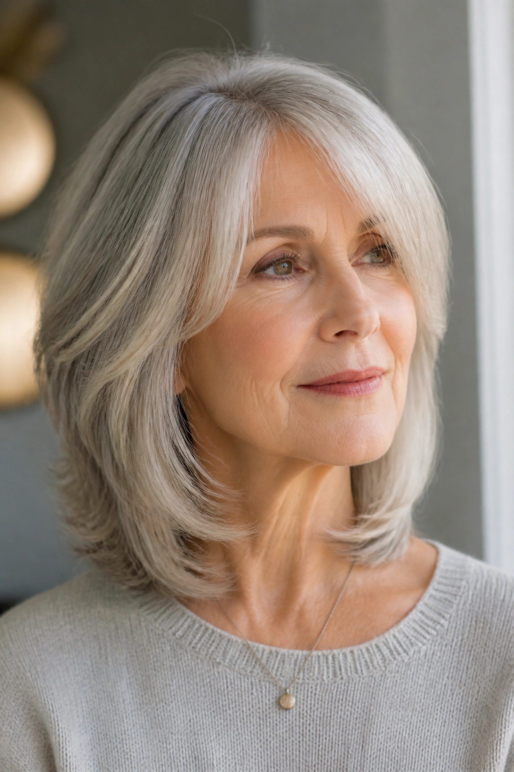 Portrait of an older woman with face-framing graduated layers hairstyle