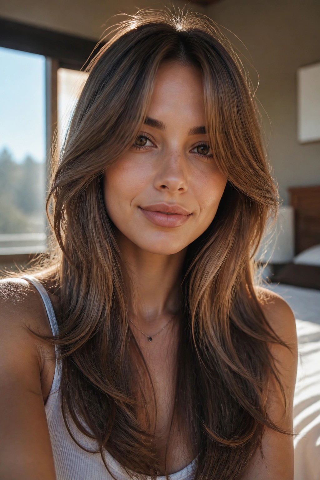 Close-up of a real woman with soft face-framing layers and curtain bangs in a sunlit bedroom