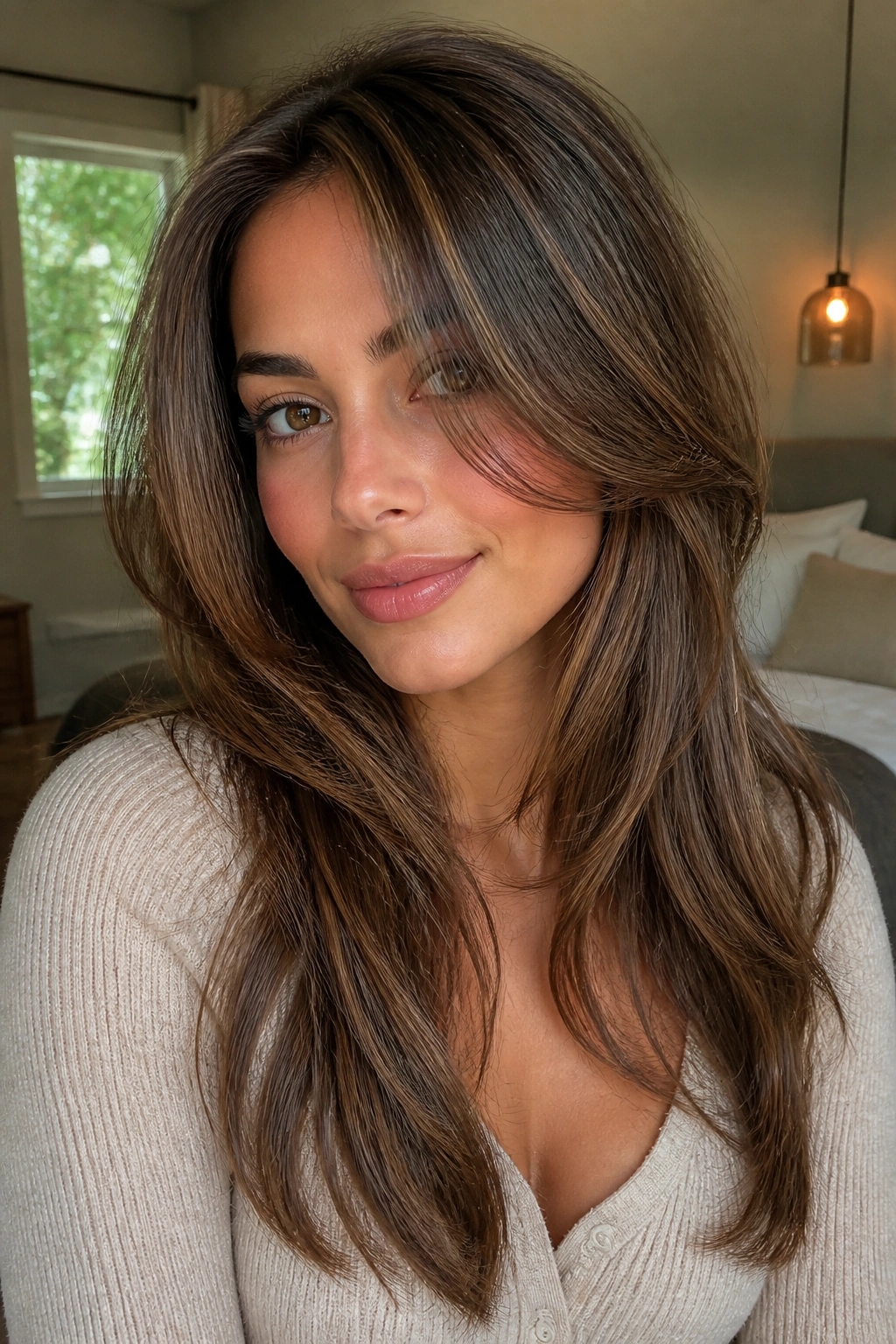 Close-up of a real woman with face-framing layers around cheeks and jaw