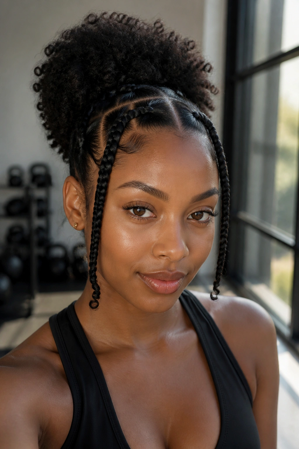 Close-up of face-framing square accent braids on a real woman