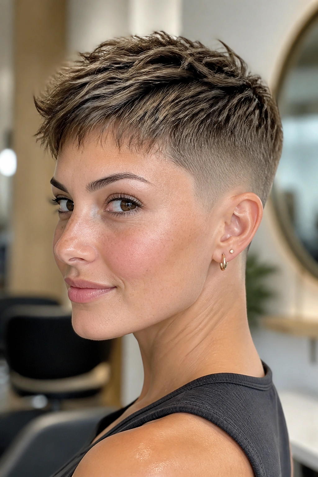 Close-up of a real person with a faded pixie haircut
