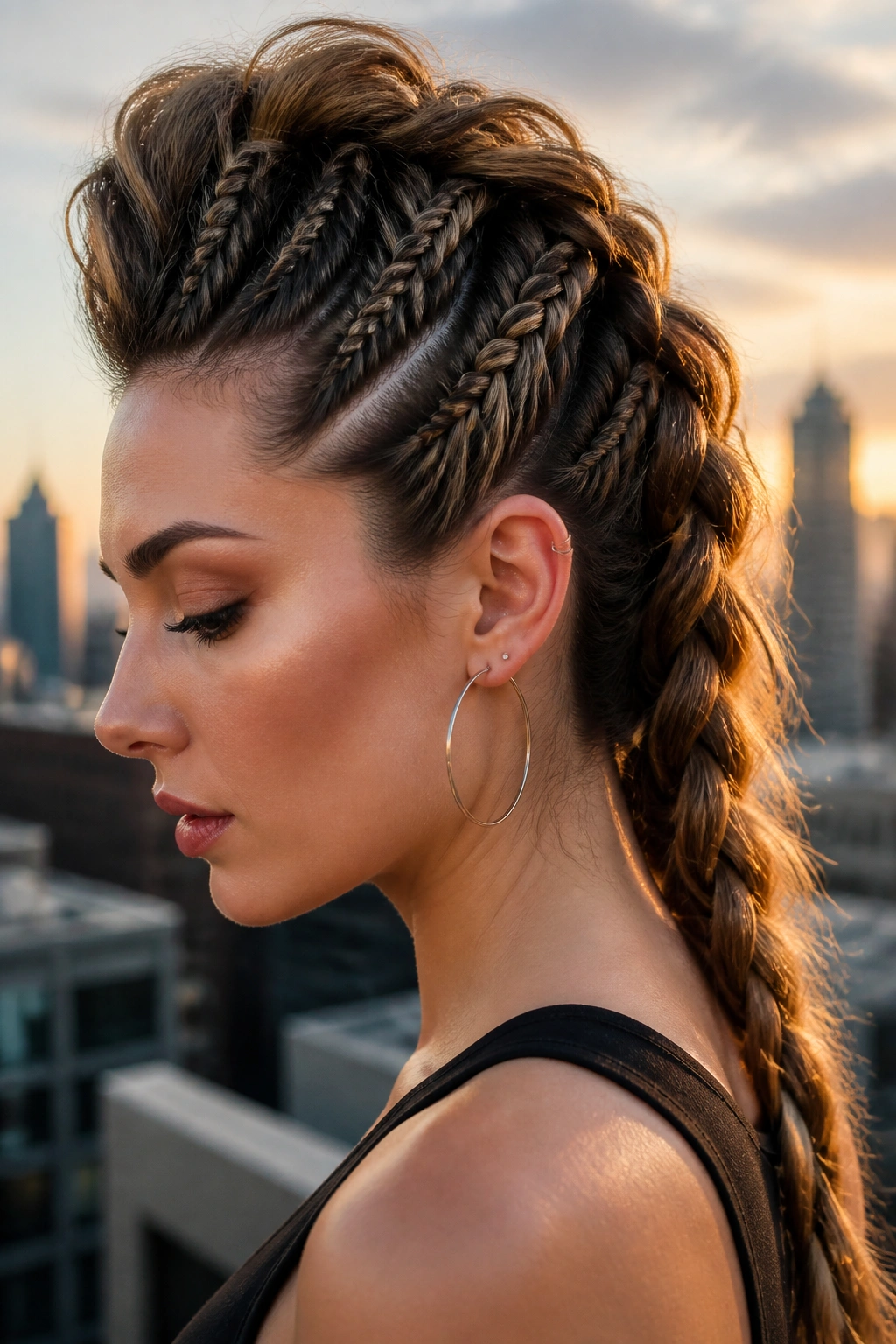 Close-up portrait showing a three-fishtail faux-hawk on a real person.