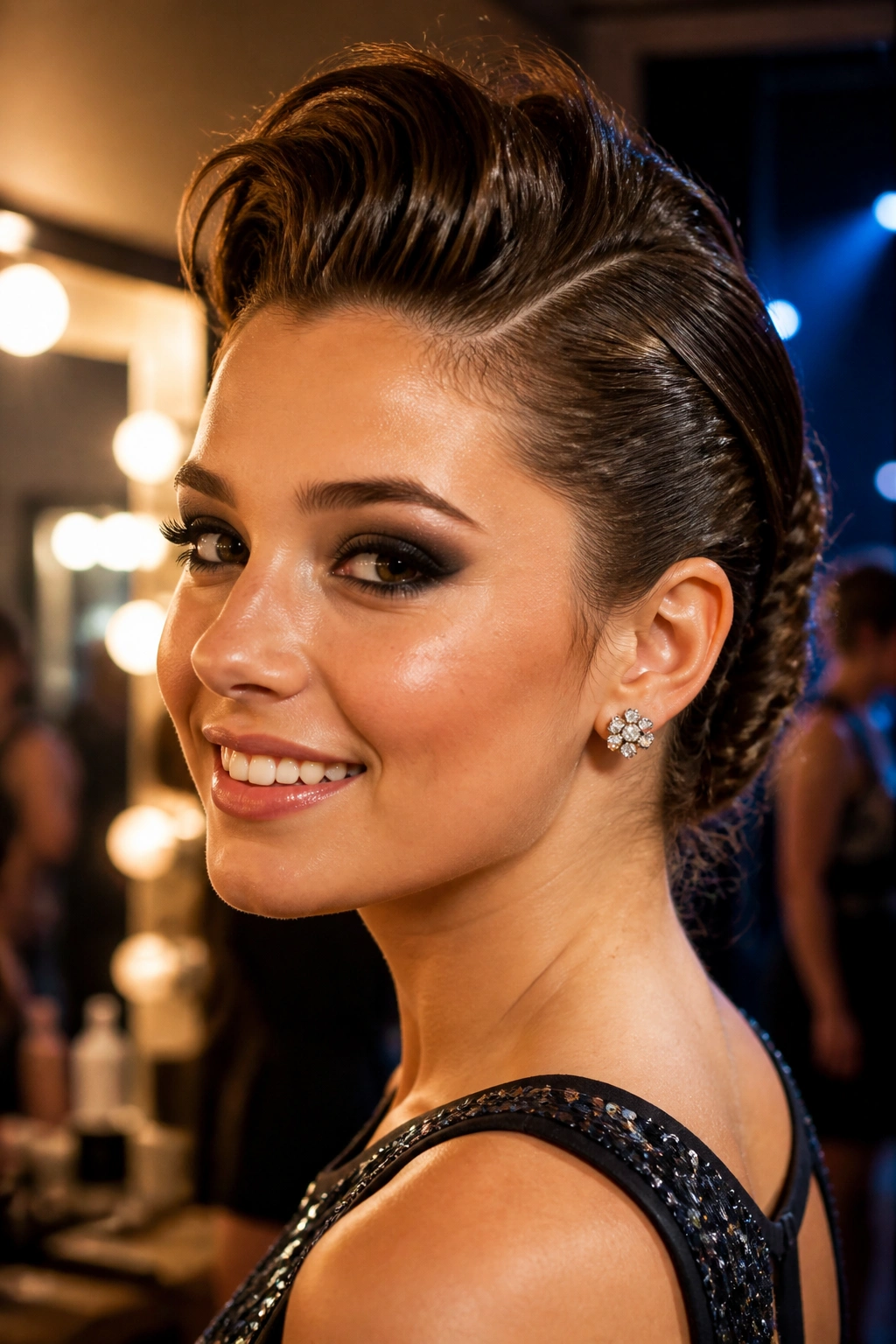 Close-up of a real woman with a deep side-part faux hawk and pinned sides under warm backstage lighting