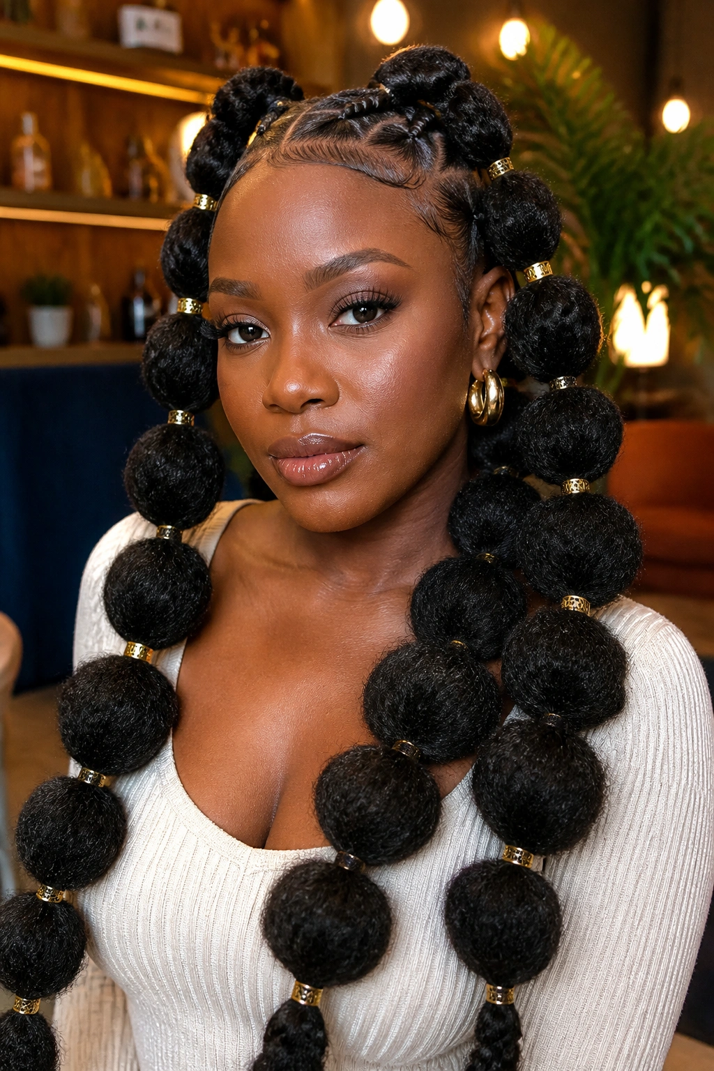 Real person with thick faux locs styled into large bubble braids