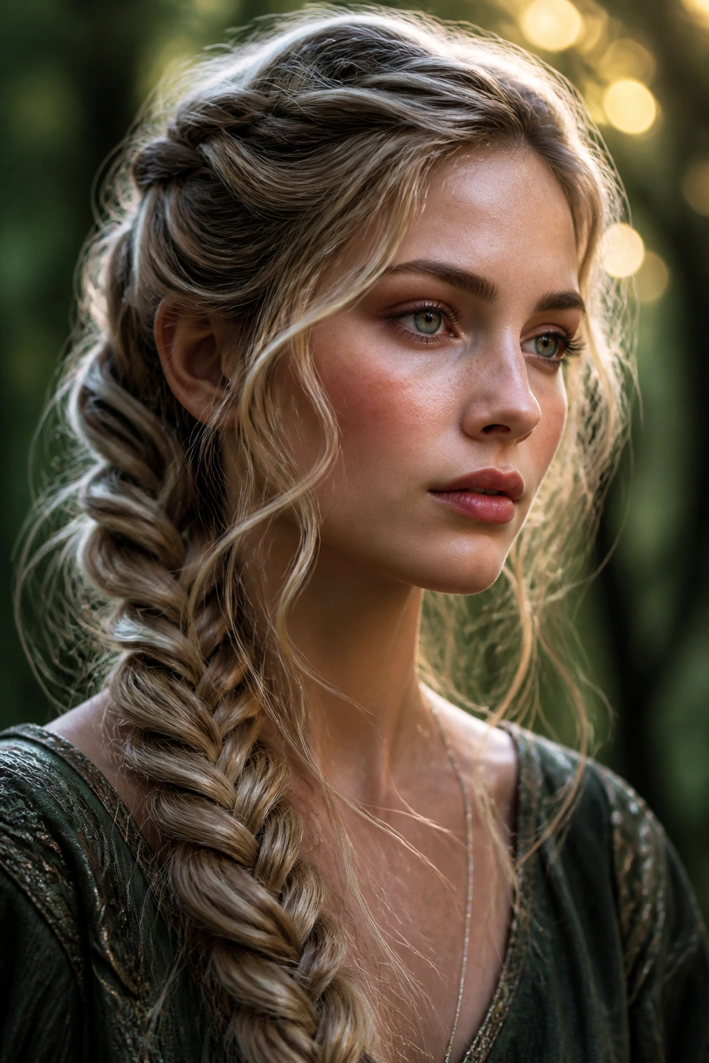 Close-up portrait of a real woman with a feathered fringe braid