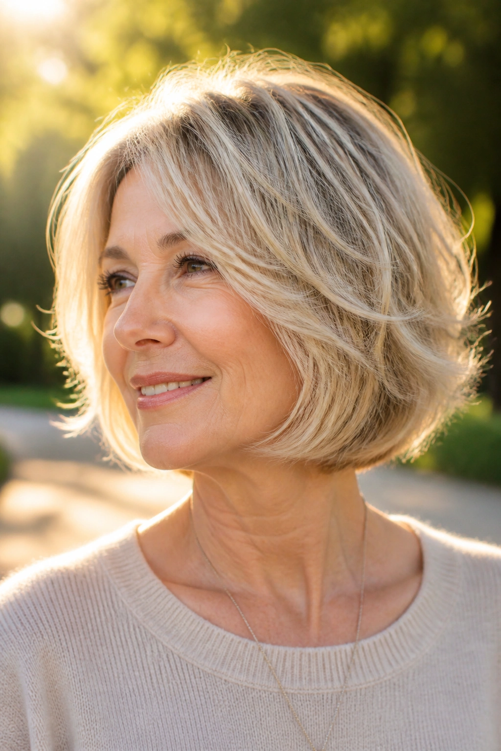 Portrait of a real woman with a feathered bob and airy movement in a sunlit park