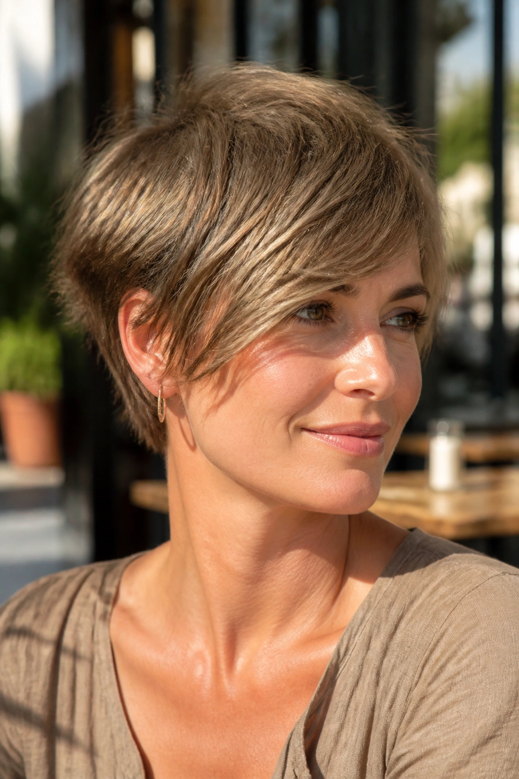 Close-up portrait of a real woman with feathered crop and long side bangs in street cafe light
