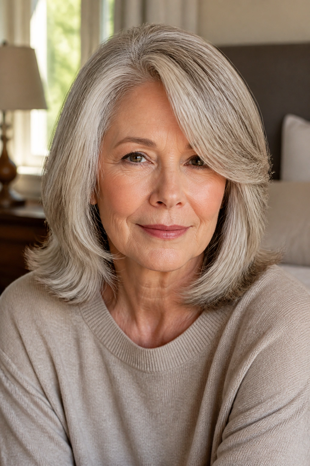 Close-up of a real woman with feathered flip and side part in warm bedroom light