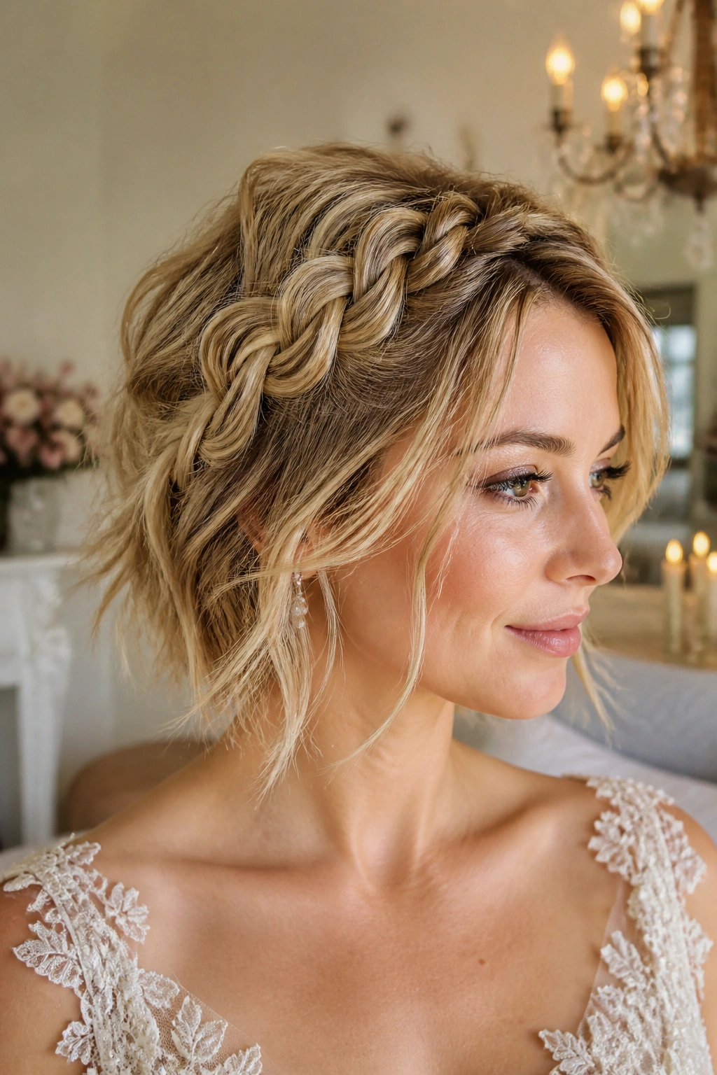 Close-up of a real woman with a soft, feathered lace braid for fine hair