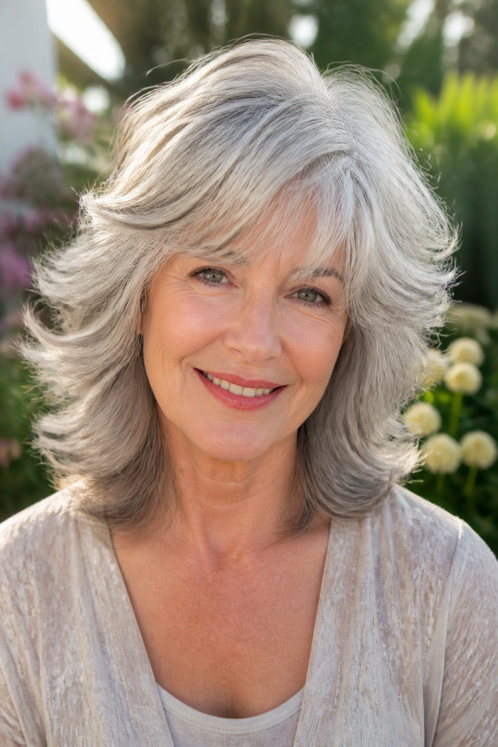 Mature woman with feathered layers for volume