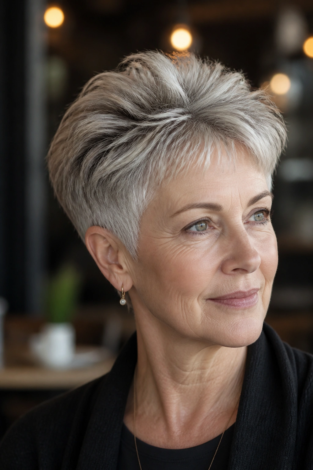 Close-up of a real woman with a feathered pixie and crown lift.