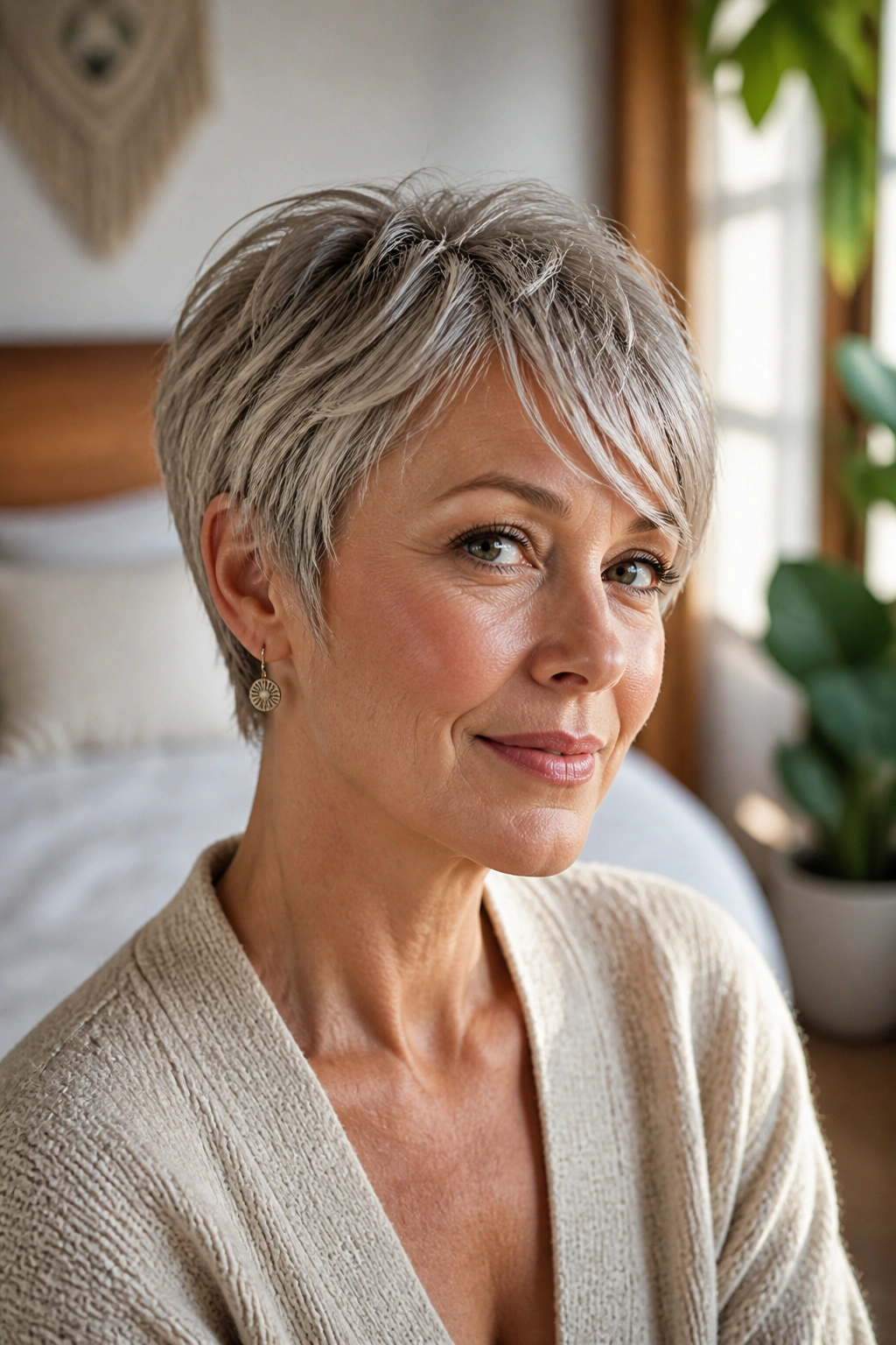 Close-up portrait of a real woman with a feathered pixie and side-swept fringe in sunlit room