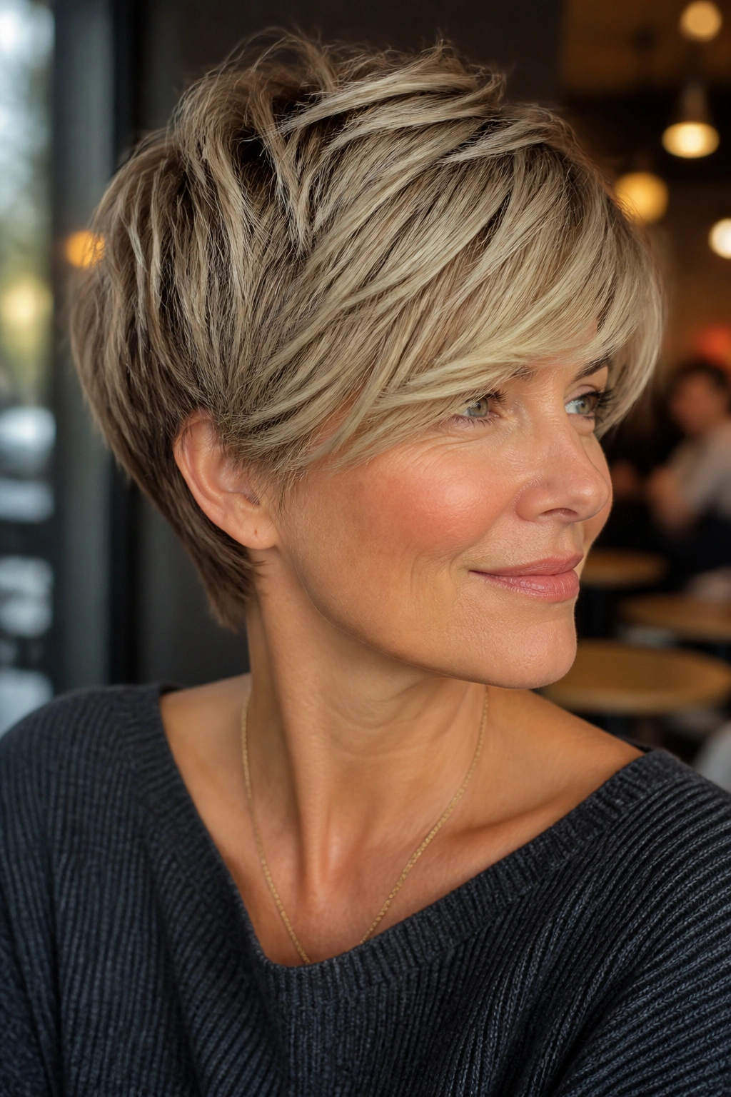 Close-up of a real person with a feathered pixie and side-swept bangs