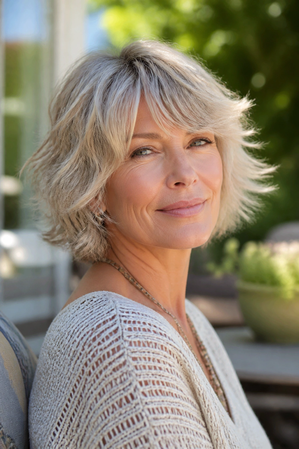 Close-up of a real woman with a feathered shag bob